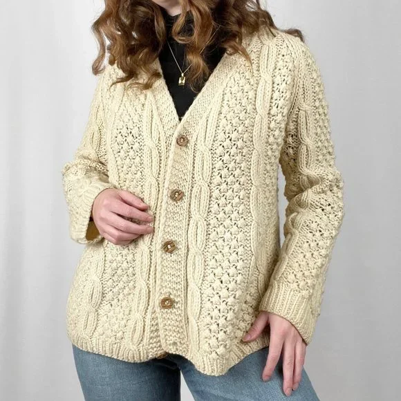 Vintage Hand Knit Oversized Cable Knit Aran Fisherman Cardigan Sweater Grandpa - Picture 12 of 13